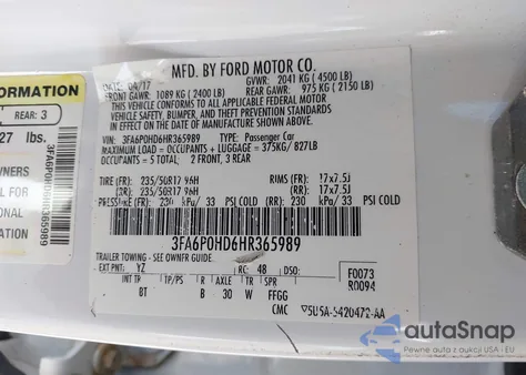 2017 Ford Fusion Se z USA, uszkodzony, nr VIN 3FA6P0HD6HR365989